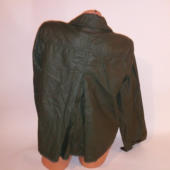 Hei Hei Anthropologie Jacket Small Green Wax Coated Collared Solid Button Long S - Picture 9 of 12